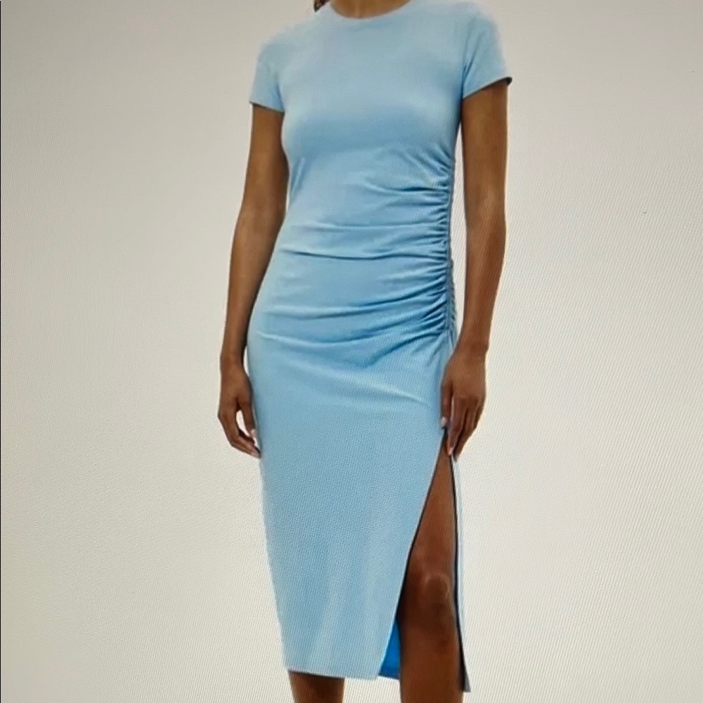 Theory Ruched Front Slit Midi Dress Sz M Black - Picture 2 of 7